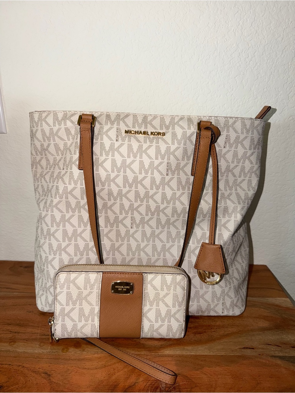 Michael Kors Cream Logo Tote and Tan Accent Wallet Set